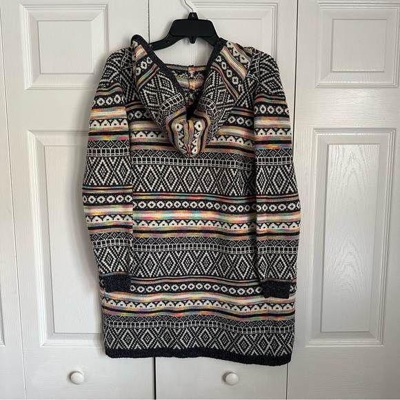 Monteau Los Angeles Sweater Womens S Multi Hooded Open Front Knit Boho Fair Isle - Picture 2 of 8